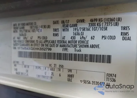 2017 Ford Transit T-350 Hd z USA, uszkodzony, nr VIN 1FTWS4XGXHKB52799